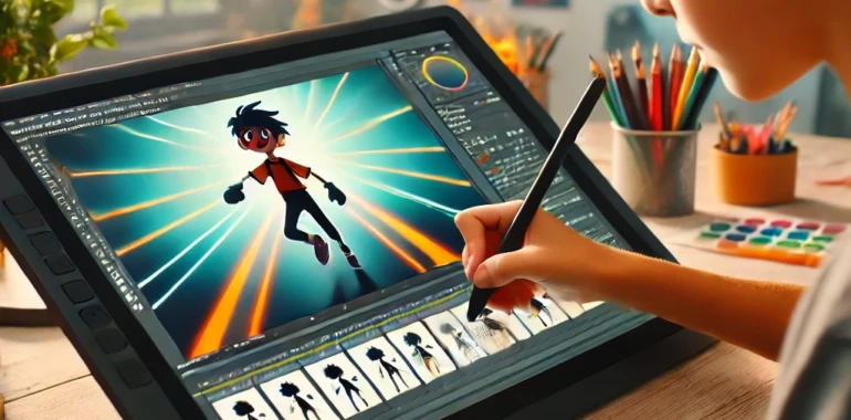 DALL·E 2024-09-22 23.54.58 - An 11-year-old child drawing on a single graphic tablet, holding a stylus, with the screen displaying a sequence of animation frames at the bottom. Th