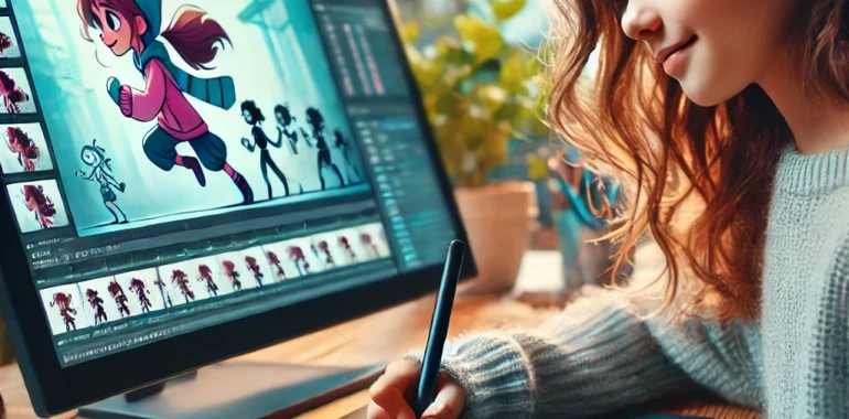 DALL·E 2024-09-25 20.17.50 - A 10-year-old girl drawing on a graphic tablet, holding a stylus, with the screen displaying a different animated character in motion. Below the main